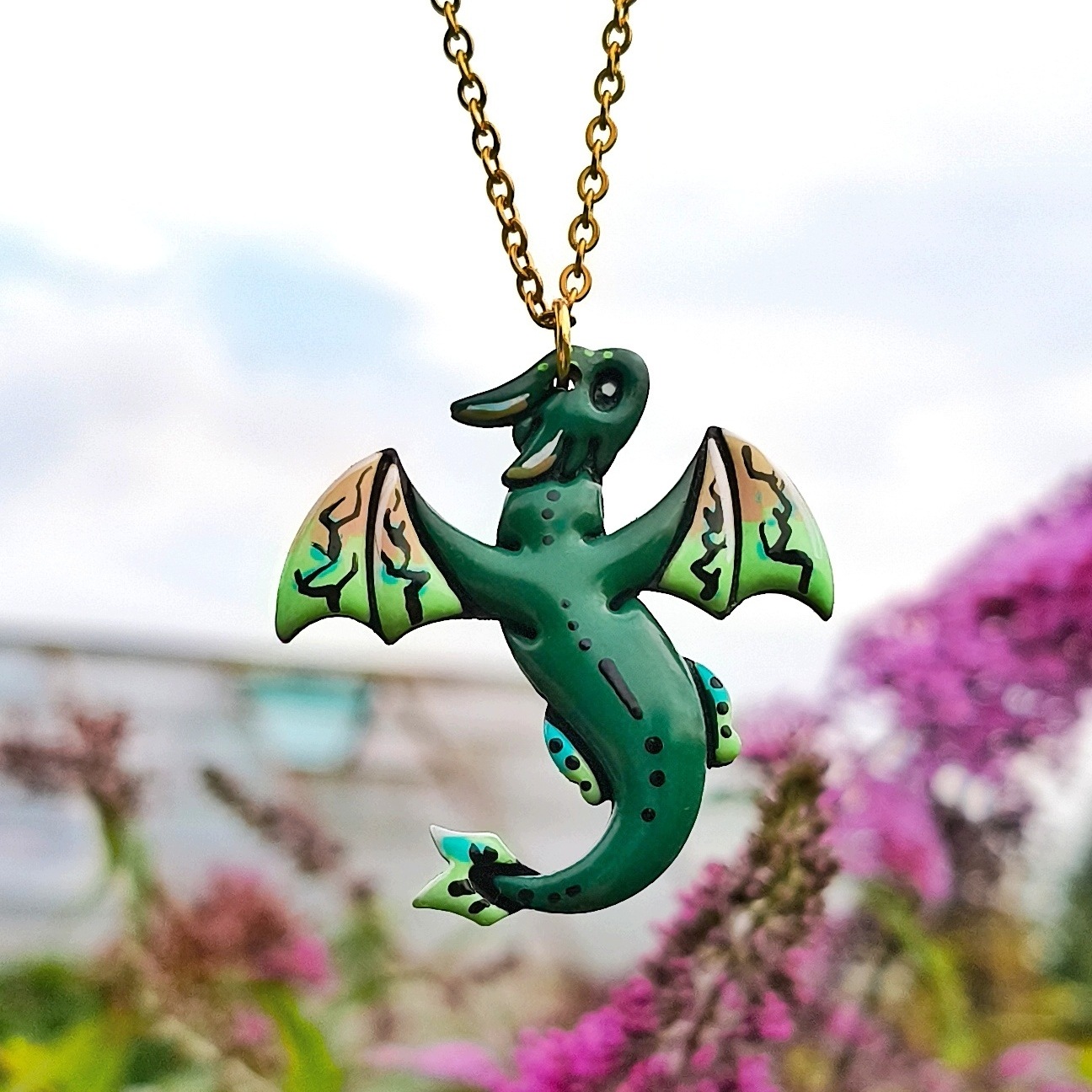 Náhrdelník Lesní drak Černý s Zeleným fantasy doplňky Lesní magie cosplay