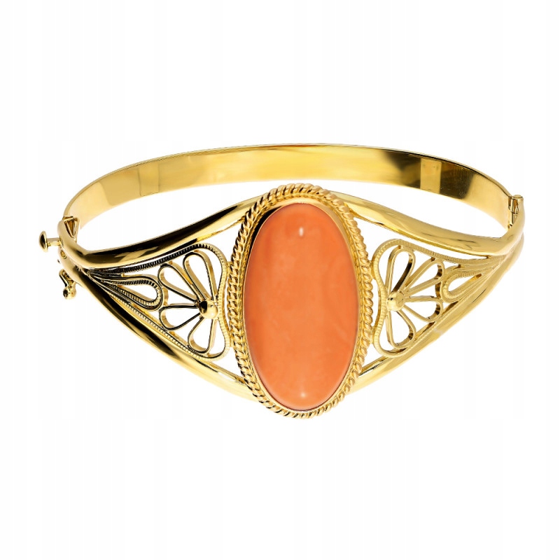 Dámský zlatý náramek 585 s oválným korálem a ornamentem, 24.57 g, trvanlivý