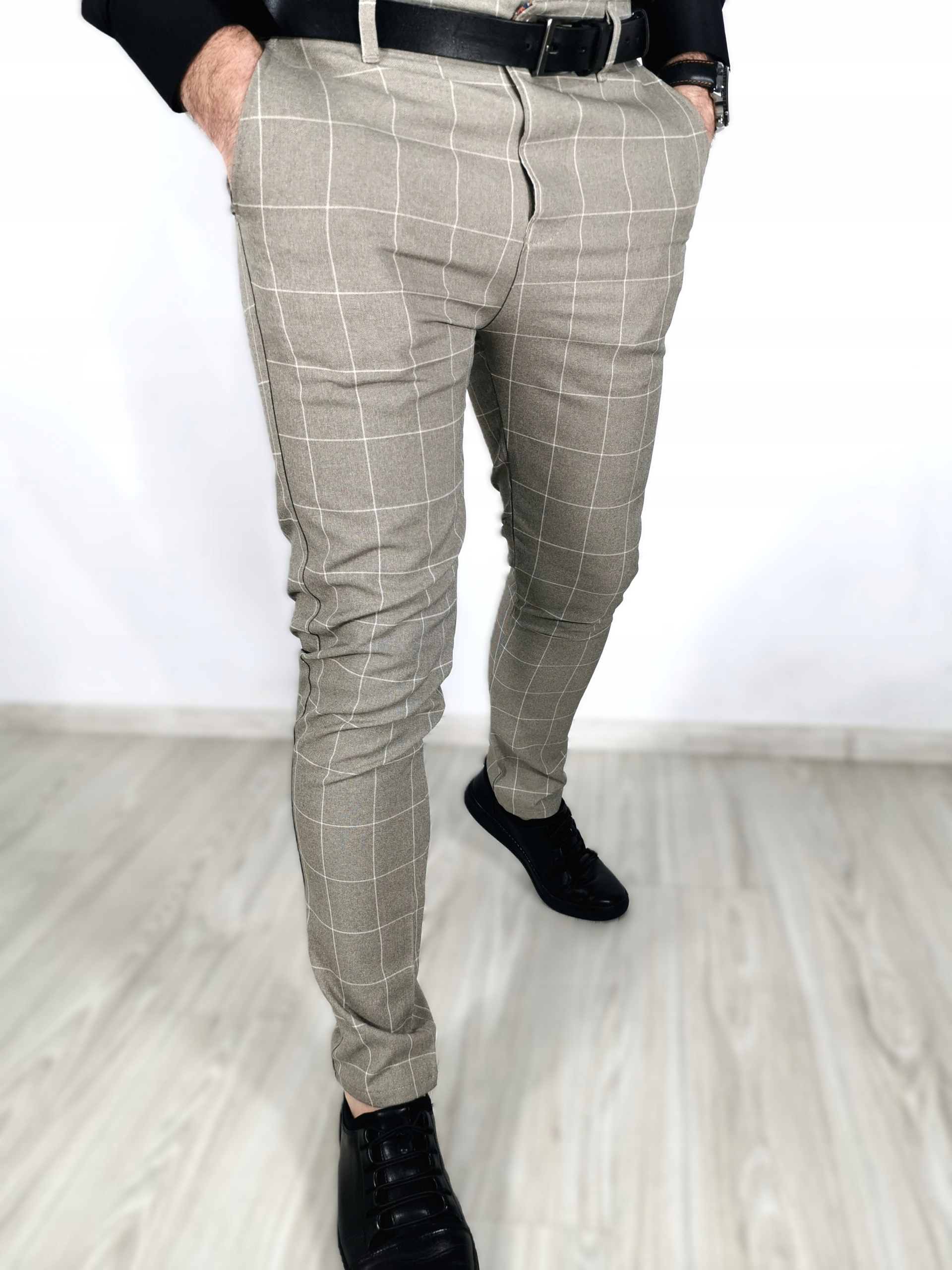 Pánské elegantní kostkované kalhoty olivové barvy Do 38