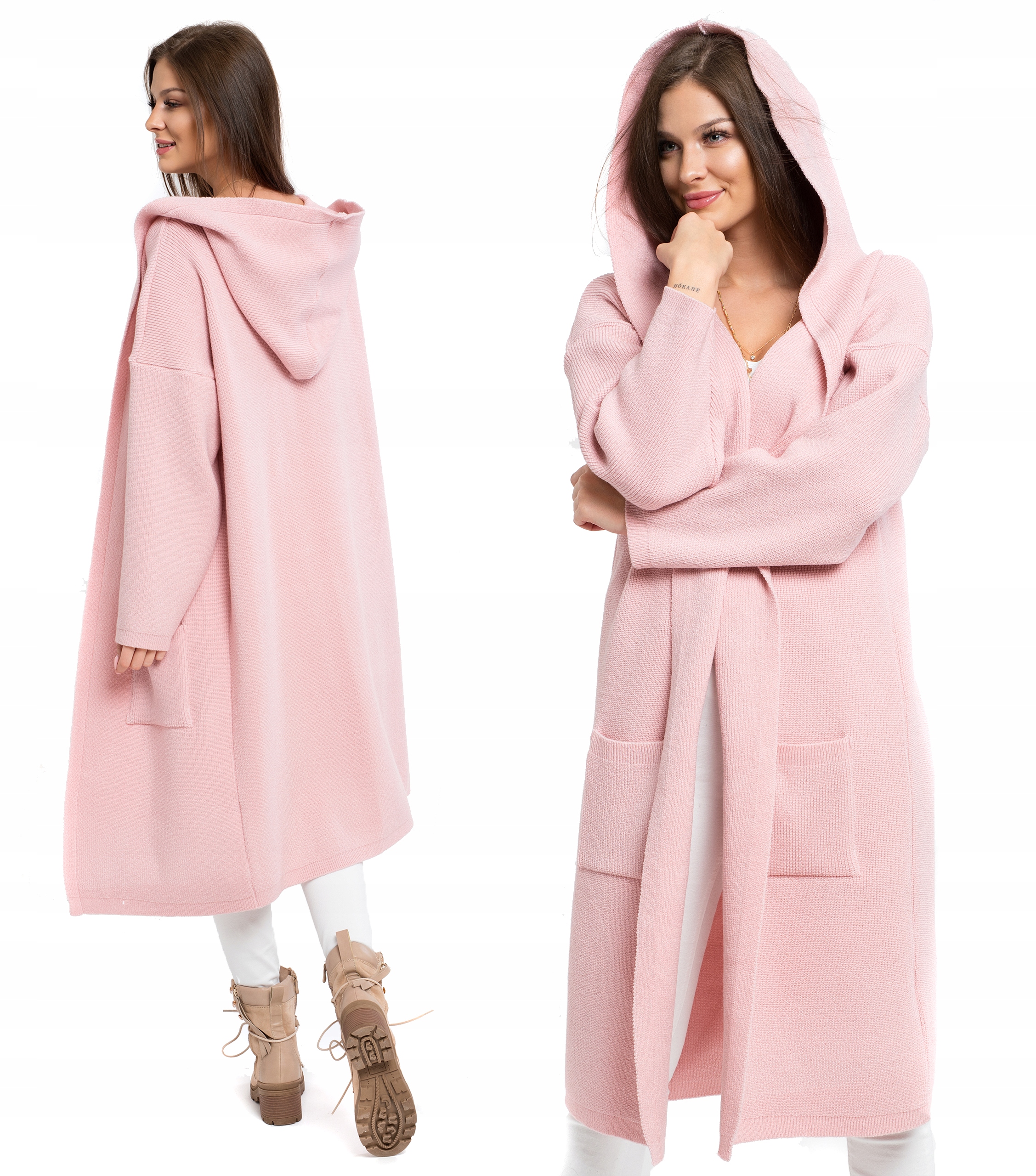 

Domi Sweter Kardigan Płaszcz Oversize Kaptur Long