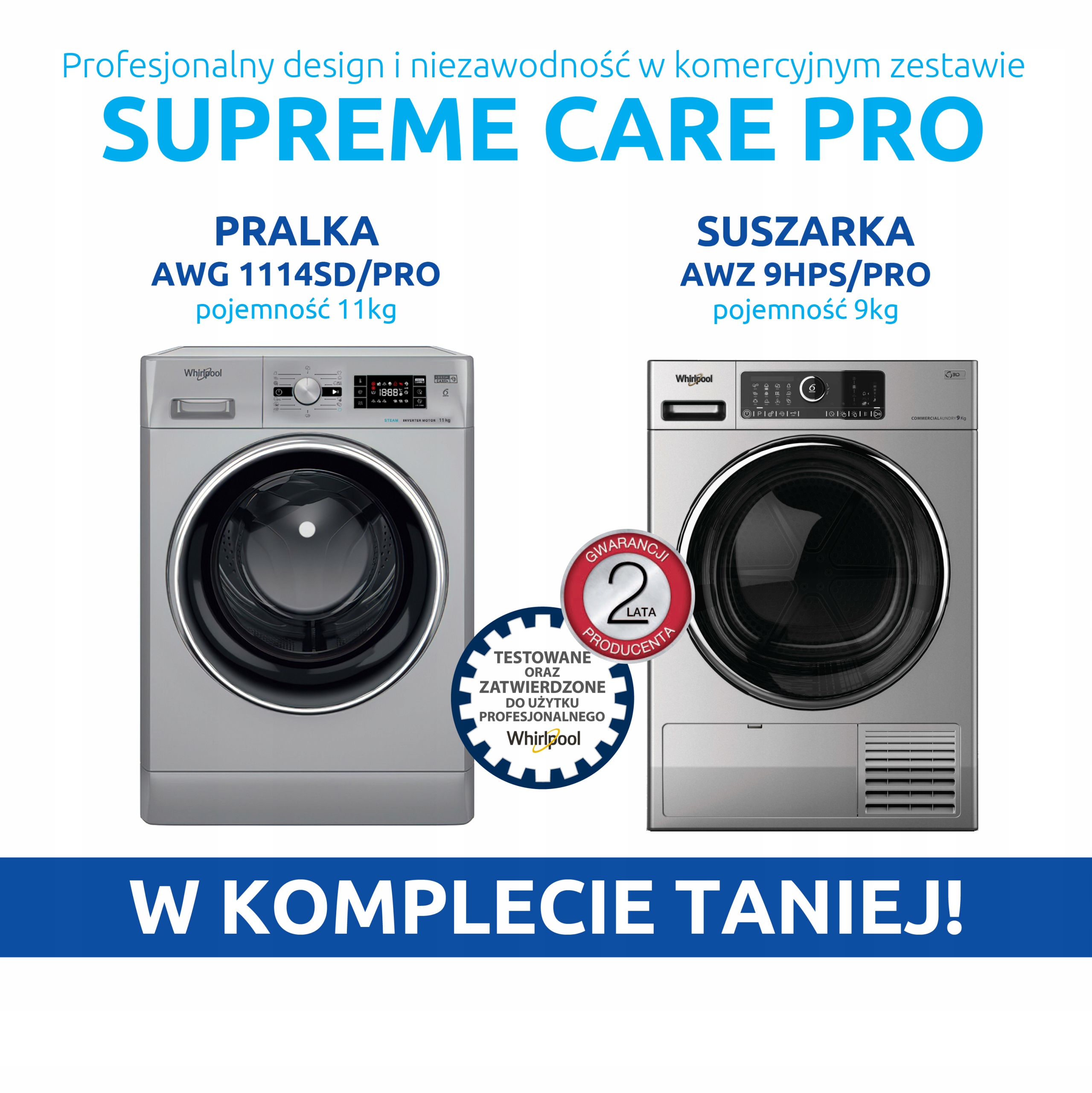 KOMPLET PRALKA SUSZARKA PRZEMYSŁOWA WHIRLPOOL 11/9 KG + Chemia gratis