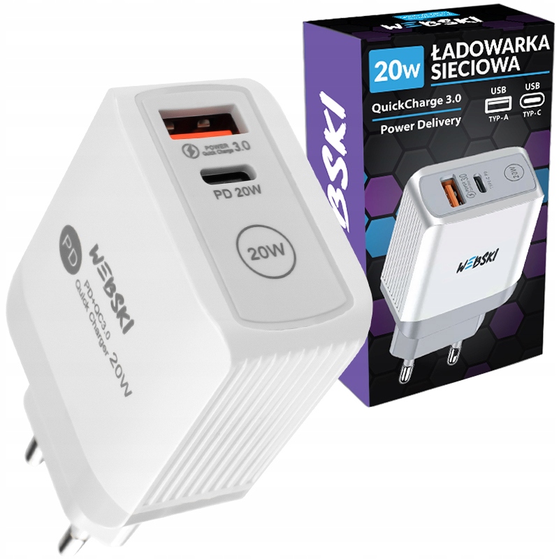 Szybka Mocna Ładowarka Sieciowa 20W Usb Typ C Usb-c Do Telefonu Kabel Pd Qc