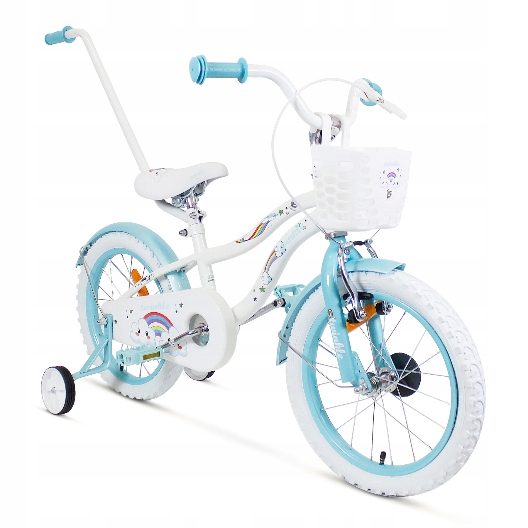 Rower dziecięcy SIrox Rainbow White Blue koło 16" biały koszyczek prowadnik