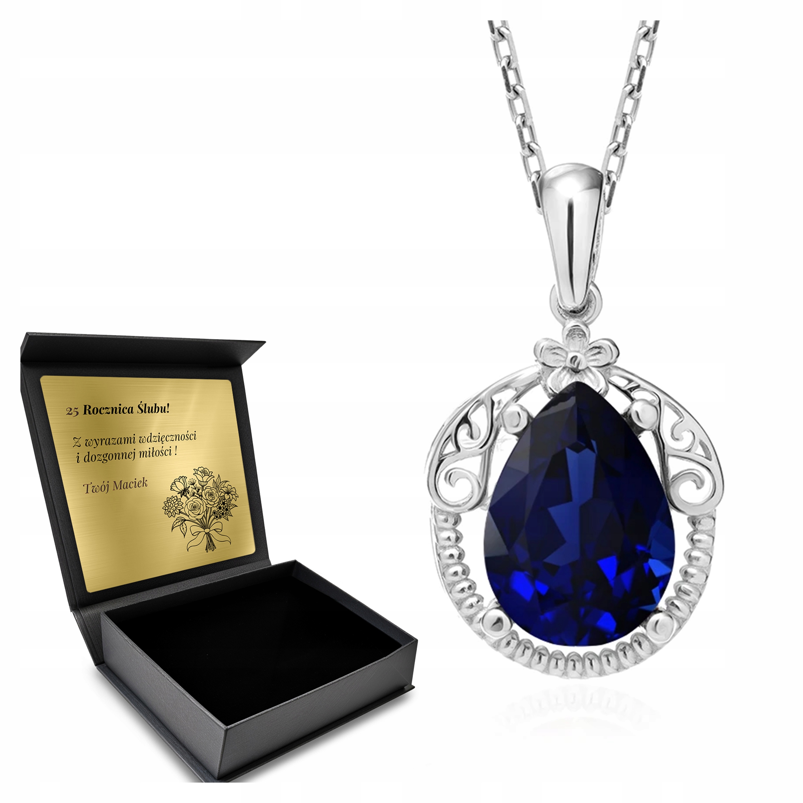 Stříbrný Náhrdelník 925 Safírová Krásná Bižuterie Pro Ženu Gravírování Bonus