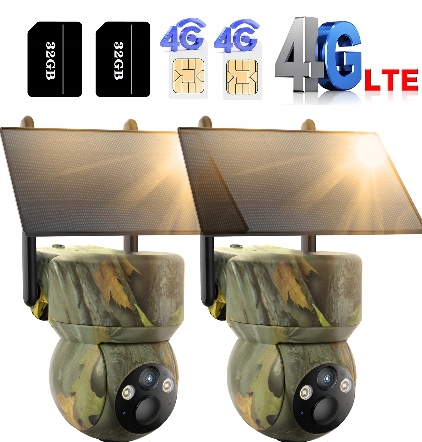 2X Venkovní Otočná Solární Kamera Na Sim Kartu Gsm 3G 4G Lte Sim 2K Sd