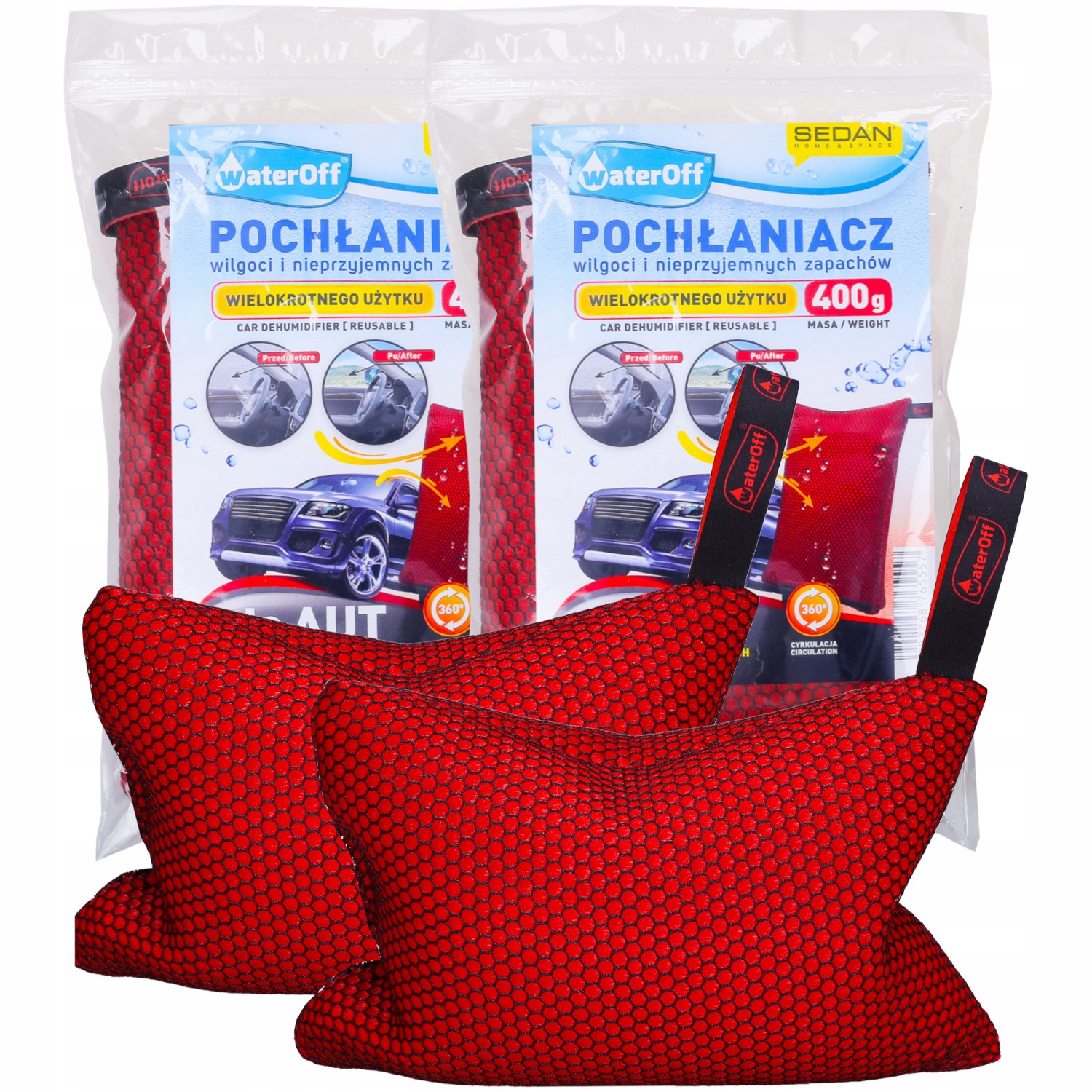 Samochodowy pochłaniacz wilgoci do auta odnawialny 400 g - 2 sztuki