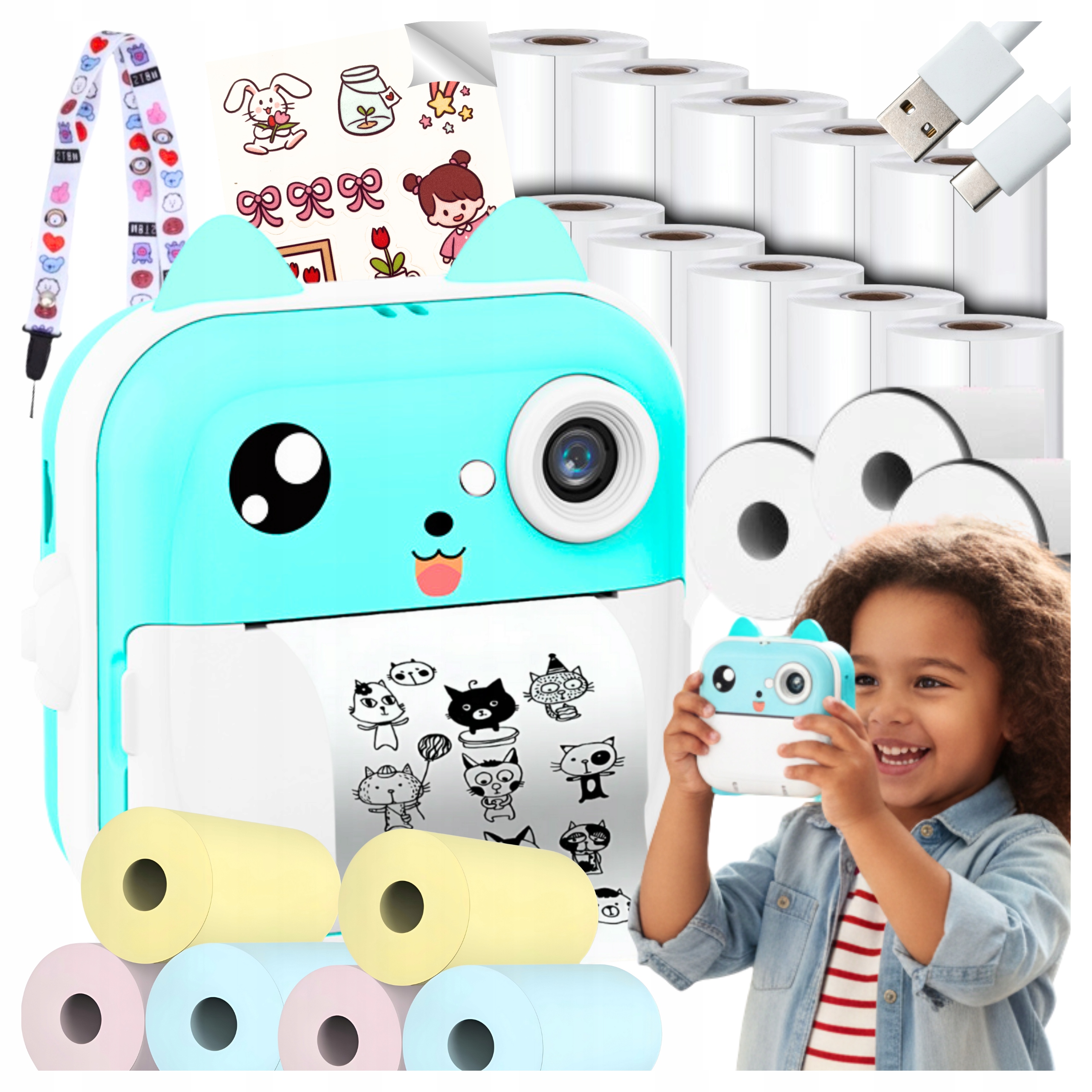 Instantní fotoaparát Drukuś pro děti, mini tiskárna s kamerou 17 rolí