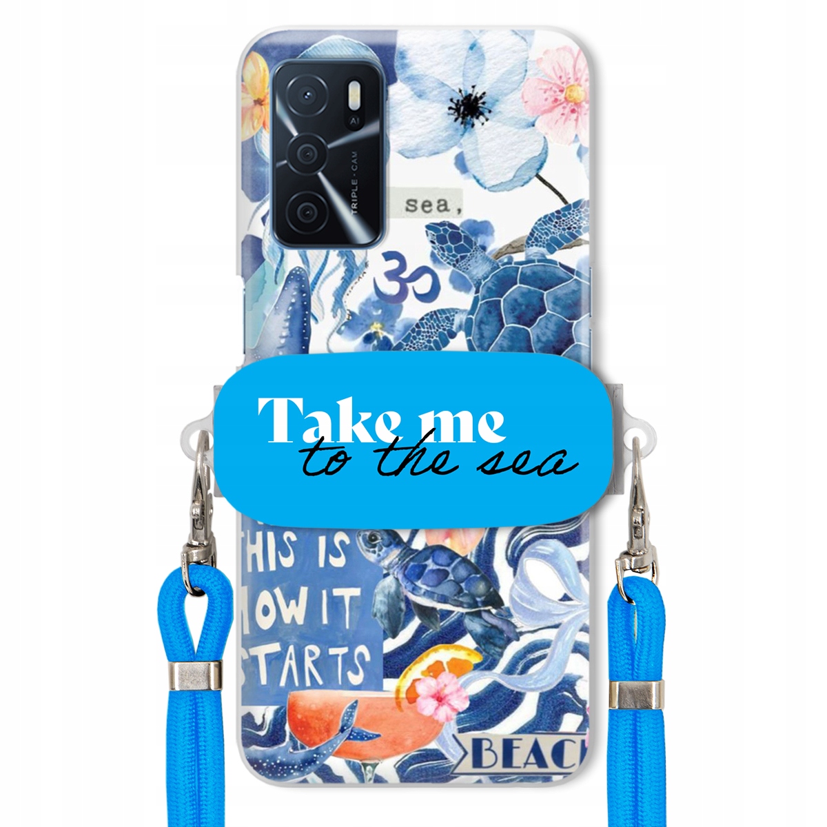 Pouzdro pro Oppo A16s Modré Crossbody vodítko Držák Take Me To The Sea Top