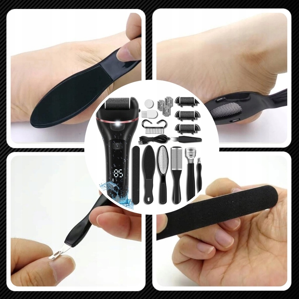 ELEKTRYCZNY PILNIK DO STÓP DO PIĘT LED MEGA ZESTAW PILNICZEK + NASADKI IPX7 Informacje o bezpieczeństwie CE