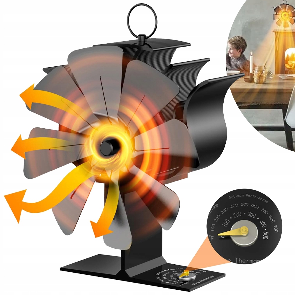 Krbový ventilátor 8 čepelí Tichý krbový ventilátor s teploměrem