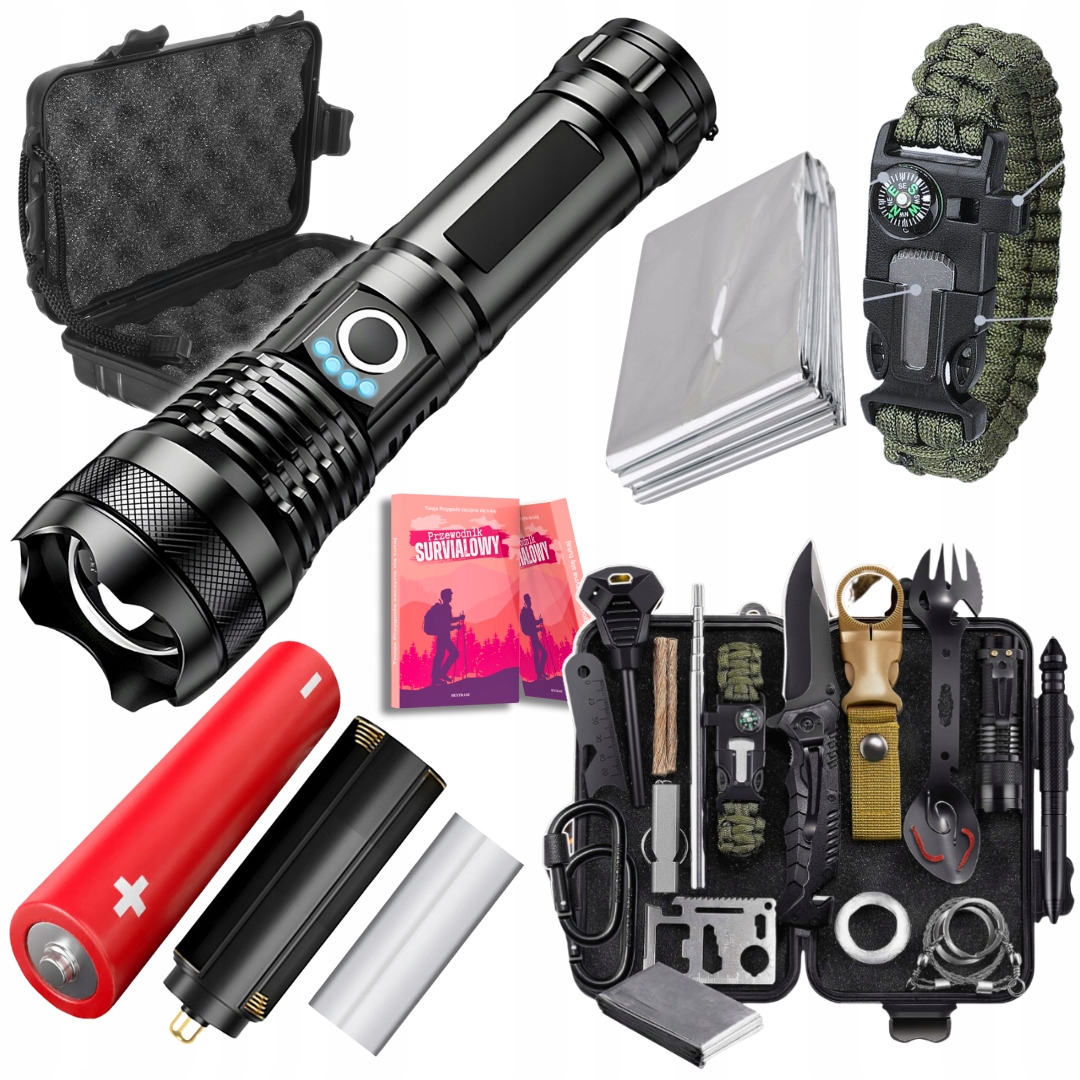 Zestaw Turystyczny Survivalowy 32w1 Latarka Led Mocna Taktyczna Usb