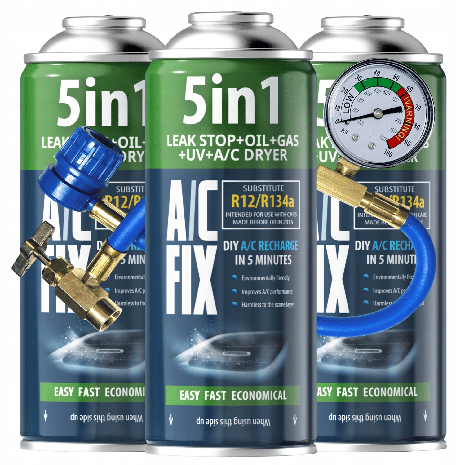3 plechovky plynu pre klimatizáciu R134a 5v1 naplňovací kábel A/c Fix