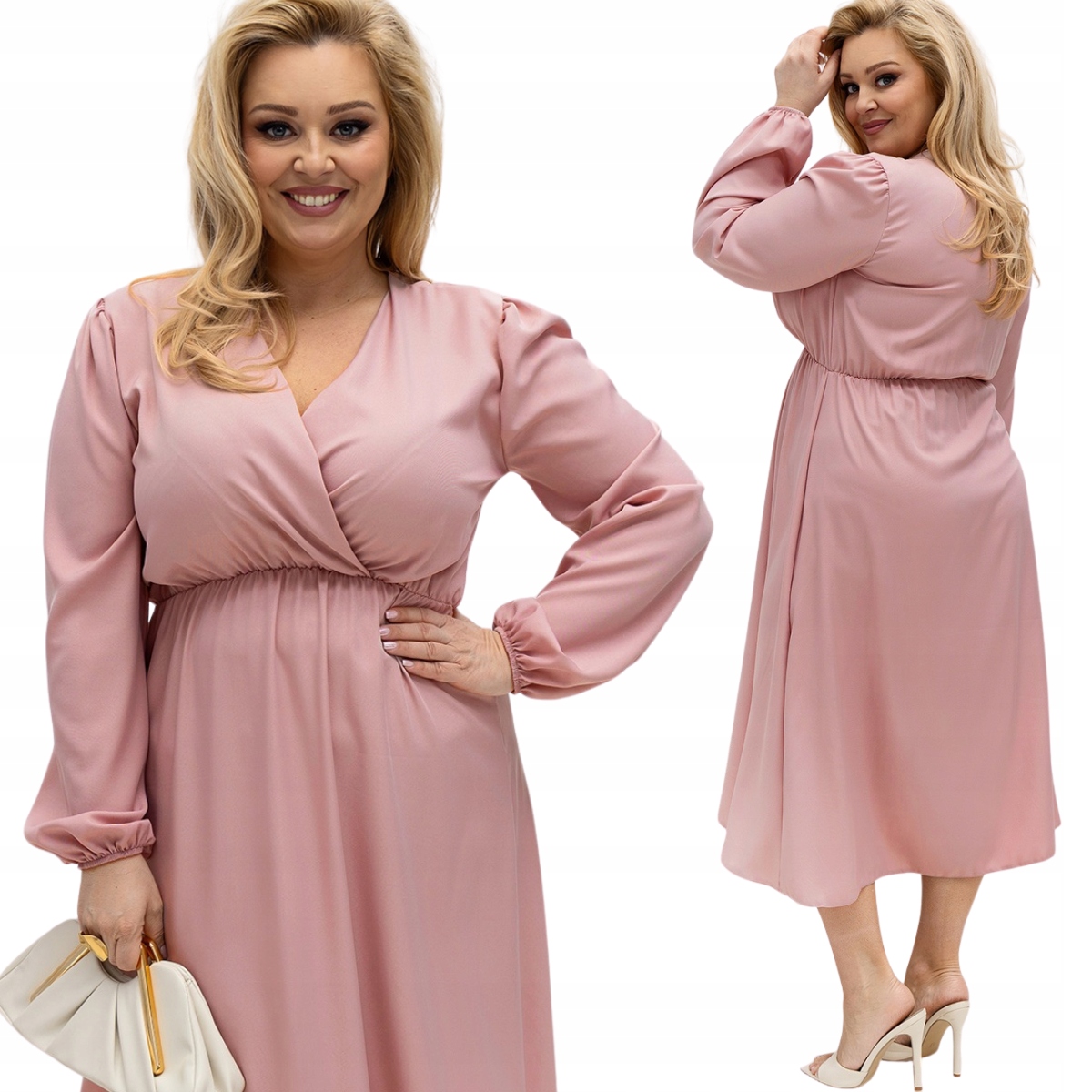 Šaty plus size midi s zavinovacím výstřihem pudrová růžová 821158 4XL