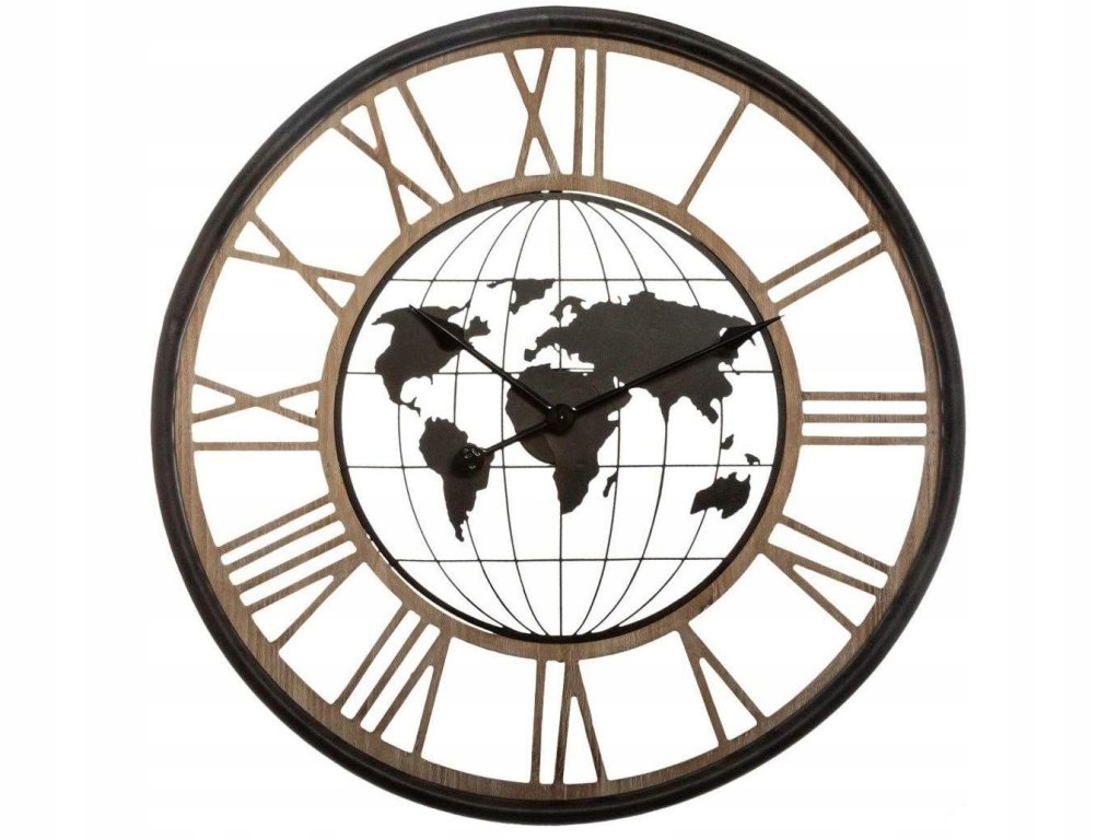 Nástenné hodiny s mapou sveta a rímskymi číslicami, Ø 67 cm