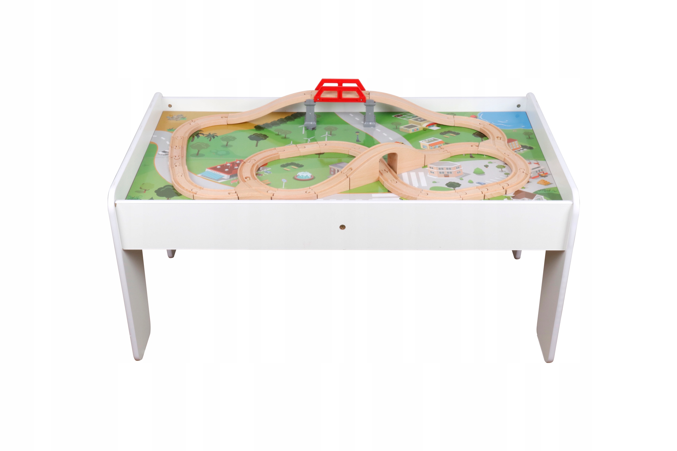 KOLEJKA DREWNIANA POCIĄG Z WAGONAMI + MIASTO I STÓŁ DO ZABAWY 90 elementów Seria KOLEJKA KIDS