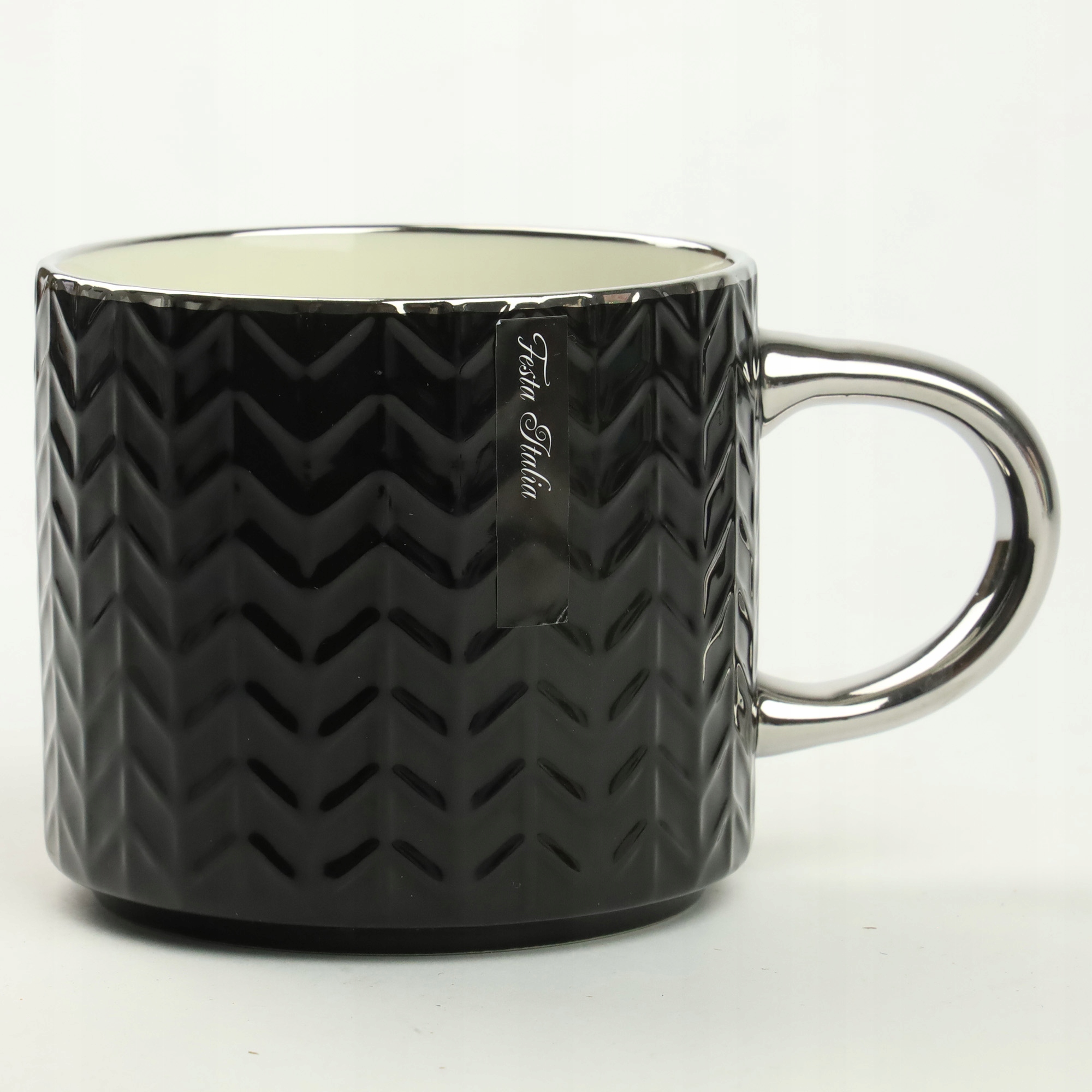 KUBEK PORCELANOWY DO KAWY HERBATY WZÓR SWETEREK 470ML ZE SREBRNYM UCHEM