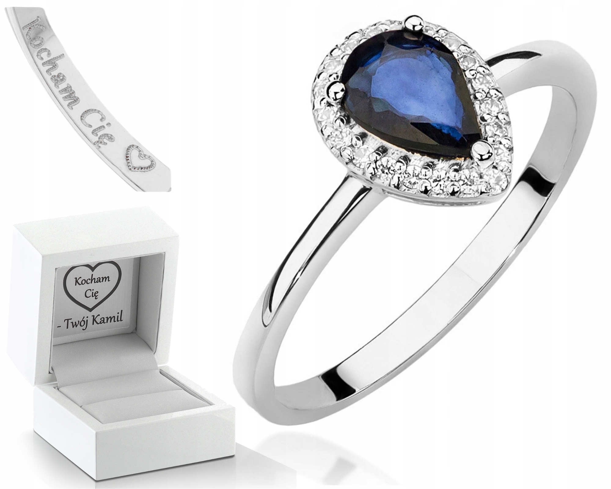 Bílé Zlato Prstýnek S Safírem Gravírování Bonus