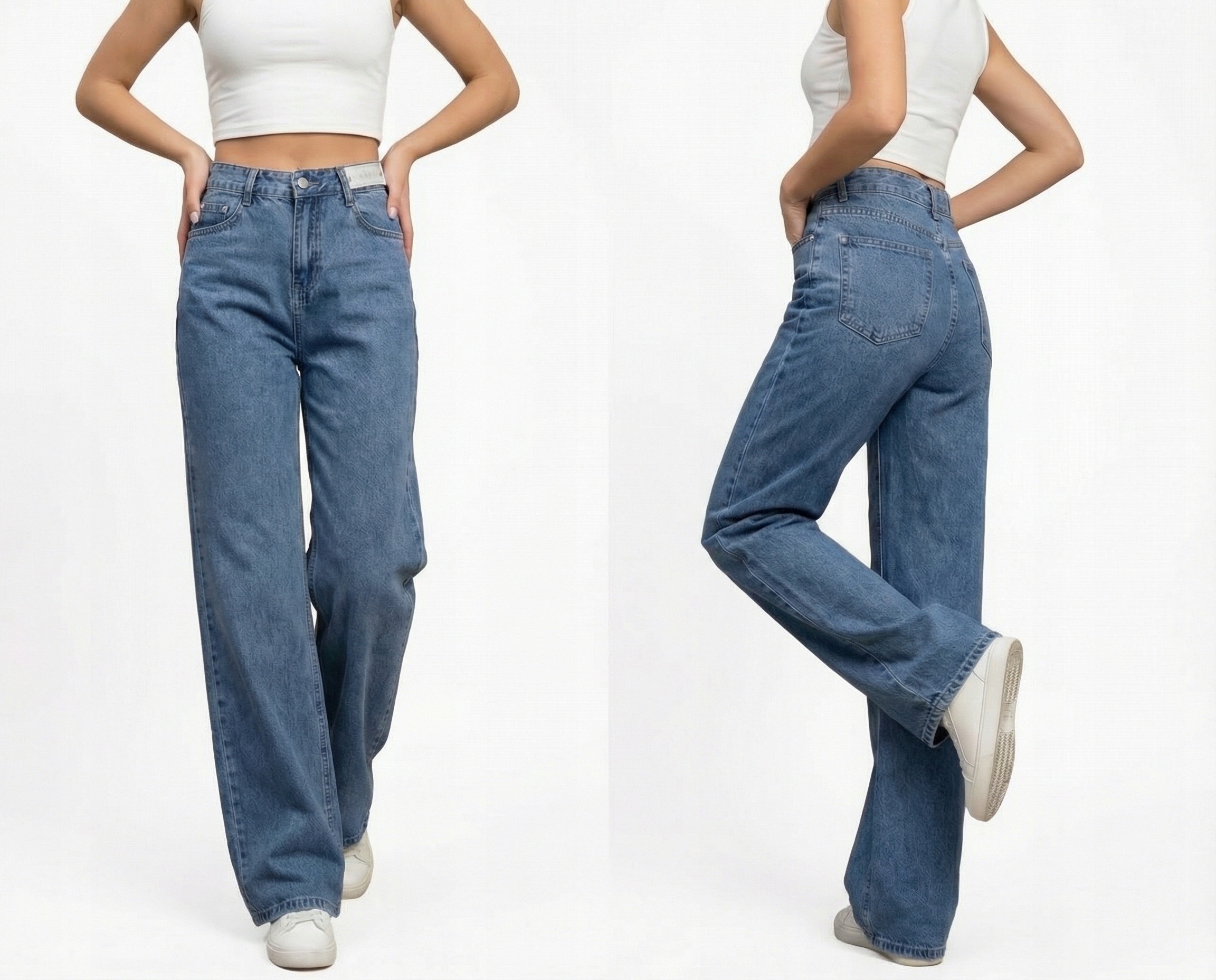 Spodnie Damskie Elastyczne Jeansy Dzwony Szerokie Niebieskie S