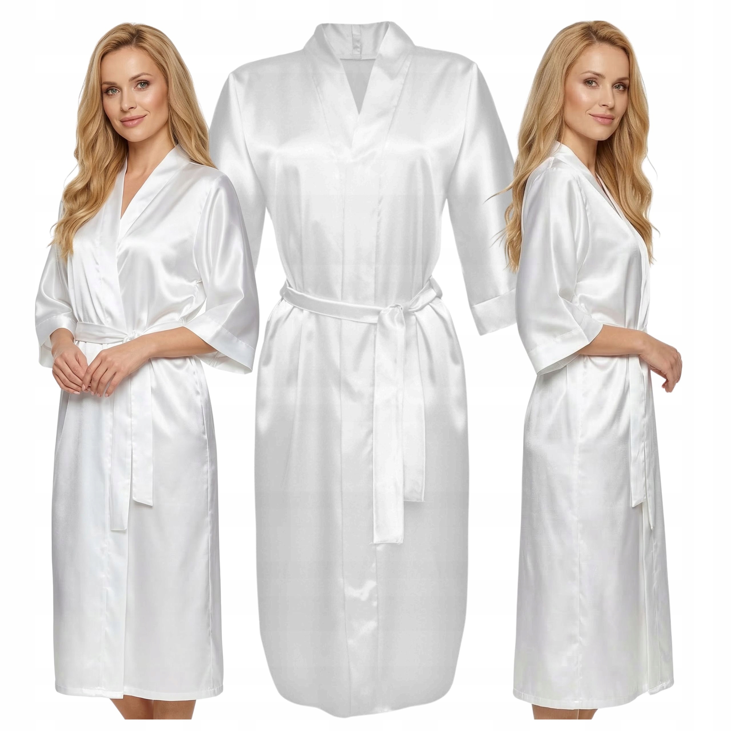 Župan Saténový dámský župan s dlouhým zavazováním v pase Kimono ecru M