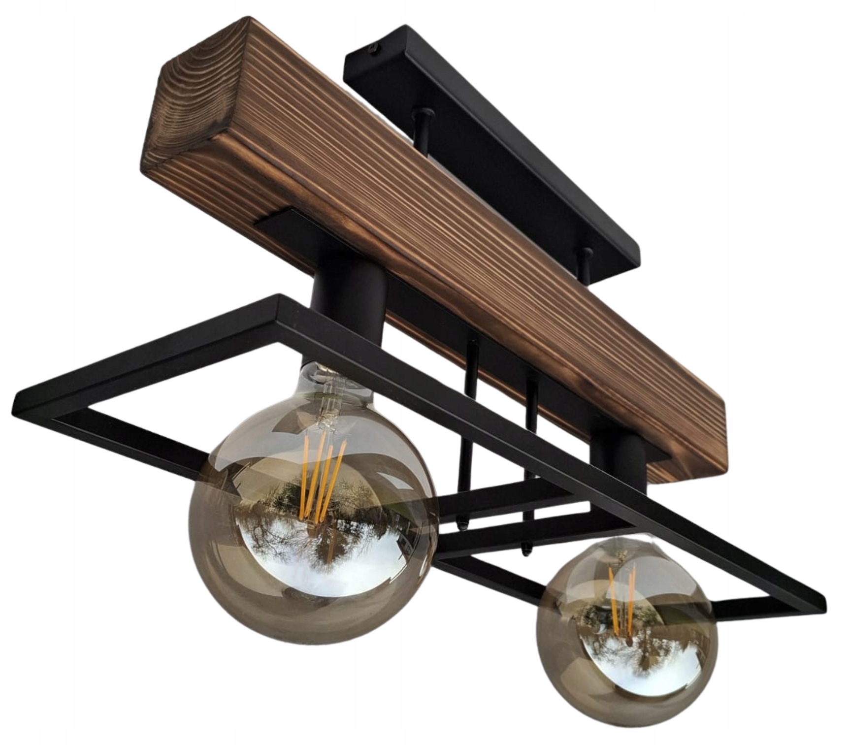 Lampa lustr dřevěná, silný trám 7CM 2xE27 Loft Černý kov