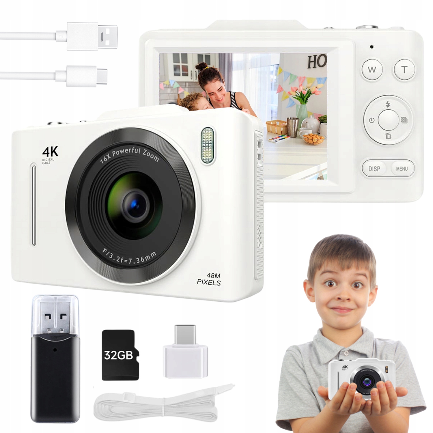 Digitální Fotoaparát Fhd Fotografický 1080P 48MP 16X Zoom Karta 32GB Bílá