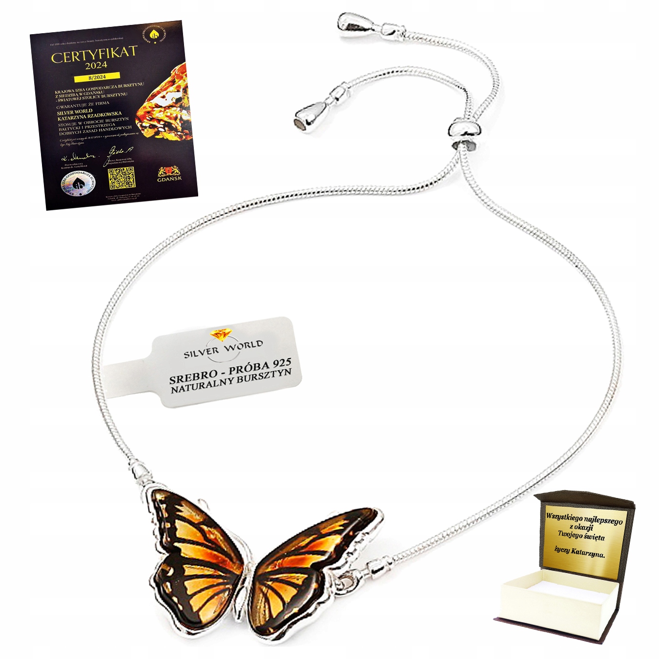 Stříbrný Náramek S Jantarem. Krásný Vyřezávaný Motýl Gravírování Bonus