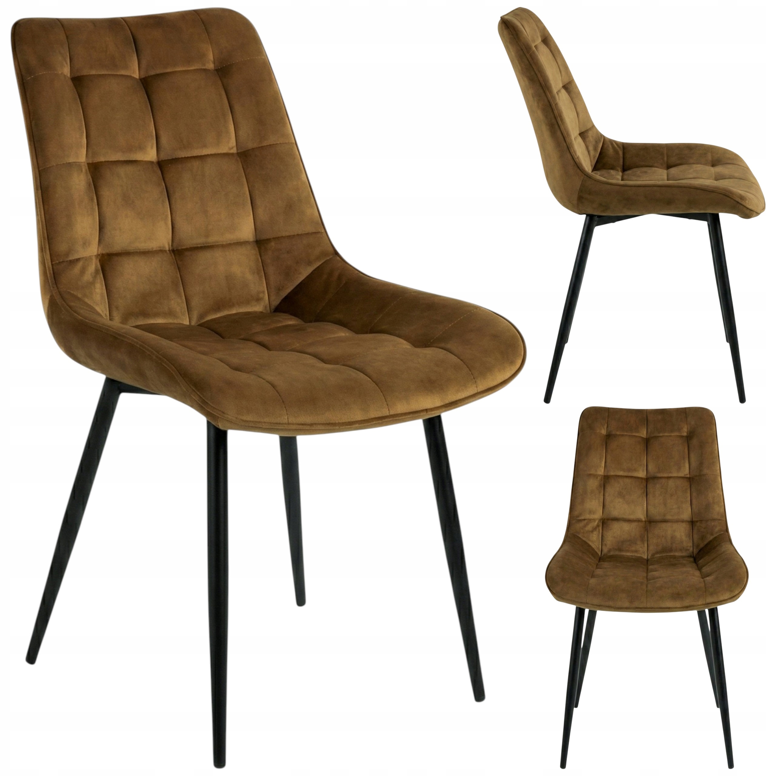 Krzesło Tapicerowane Welurowe Jadalnia Salon Pikowane Profilowane Brązowe
