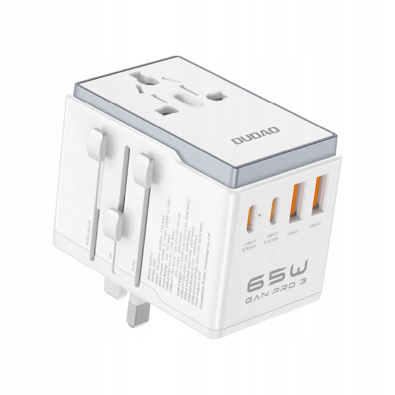 Cestovní adaptér Dudao A65Pro 65W Eu Us Jp Aus Uk 2x Usb-c 2x Usb-a