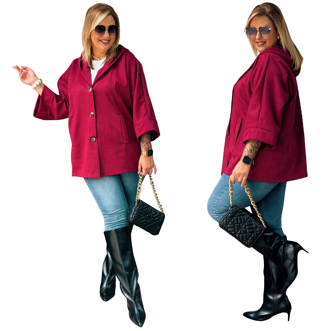 Krátký kabát Knoflíky pro ženy Cavaricci Plus Size v barvě bordó