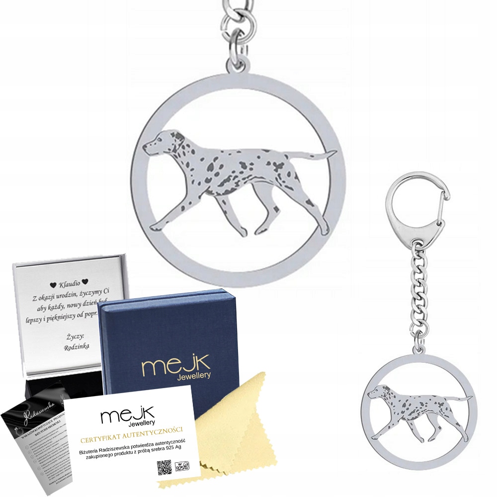 Přívěsek Na Klíče Stříbrný se psem Dalmatin 925 Šperky Dárek Gravírování Bonus