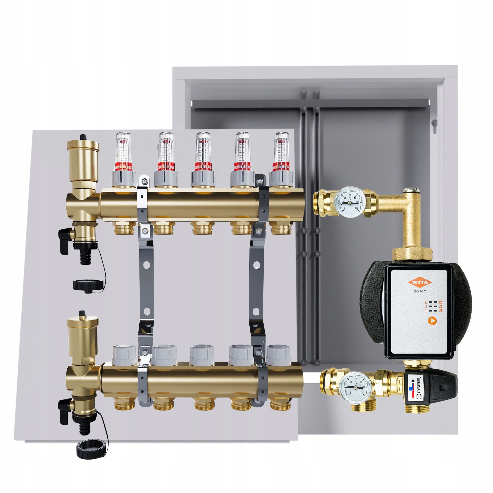 Rozdělovač pro podlahu 5 okruhů s čerpací skupinou Wita nástěnná skříňka