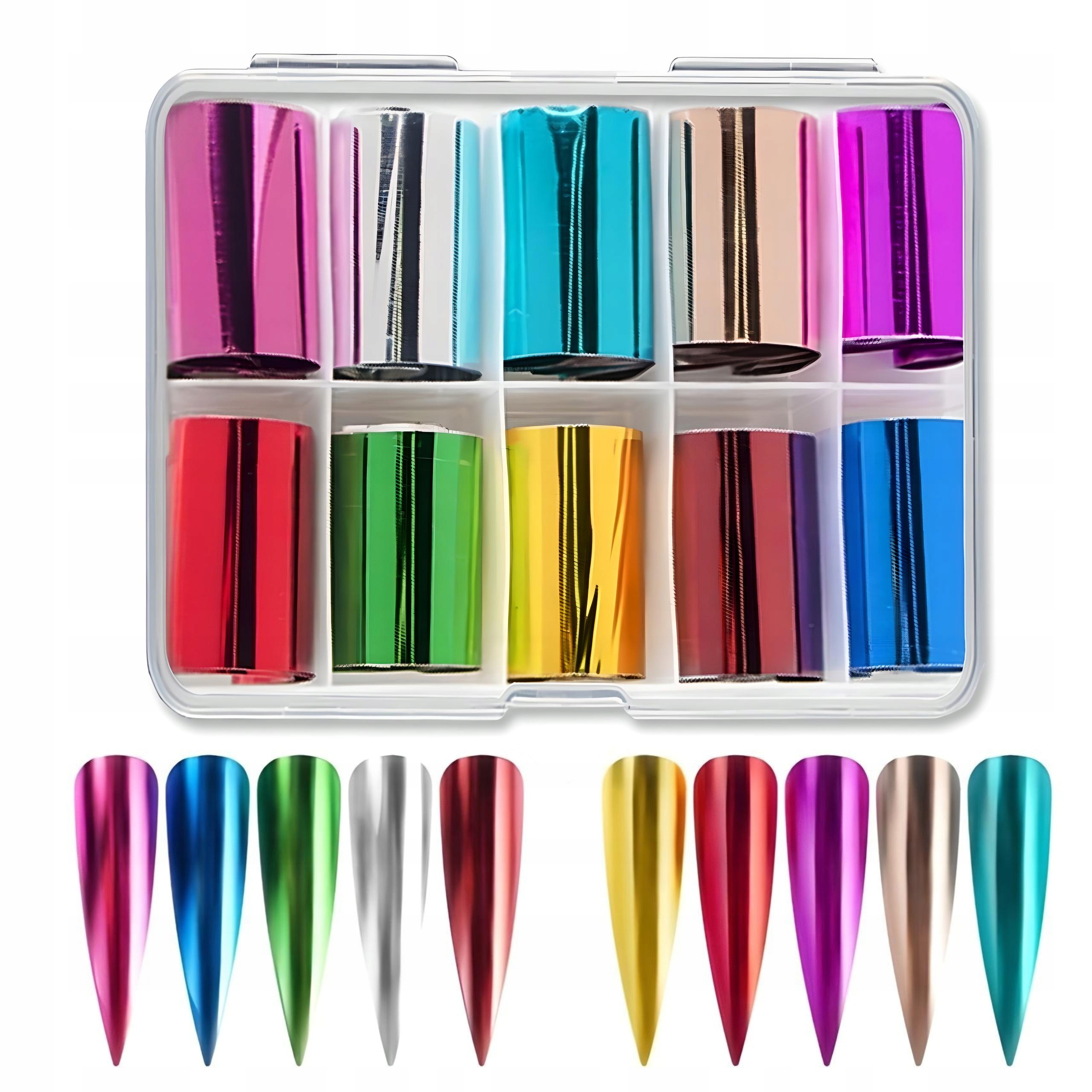 ZESTAW 10x FOLIA TRANSFEROWA do paznokci KOLOROWA METALICZNA