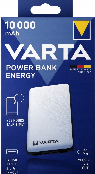 Varta Power Bank 10000mAh 3A Usb-c 2xUSB Slim 15mm