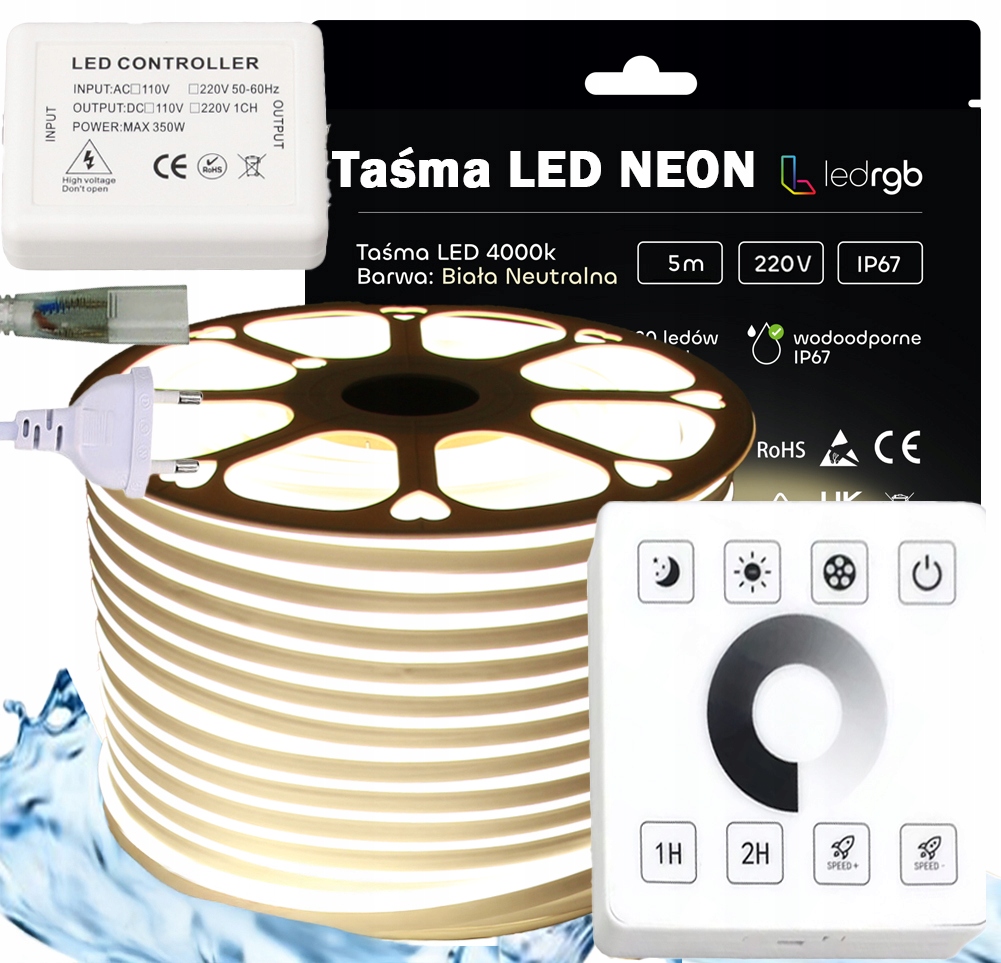 Set Led pásek Neon 230V 5m 4000K Bílý Neutrální Ovladač Dálkový Ovladač