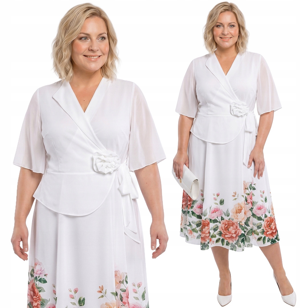 Bílé šaty a sako s růží plus size velikost 60