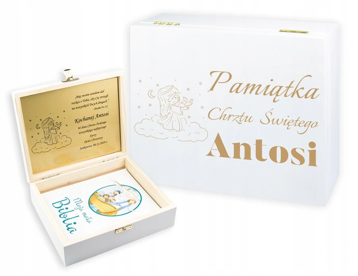 BIBLIA W SZKATUŁCE Z GRAWEREM CHRZEST KOMUNIA DREWNIANA SZKATUŁKA