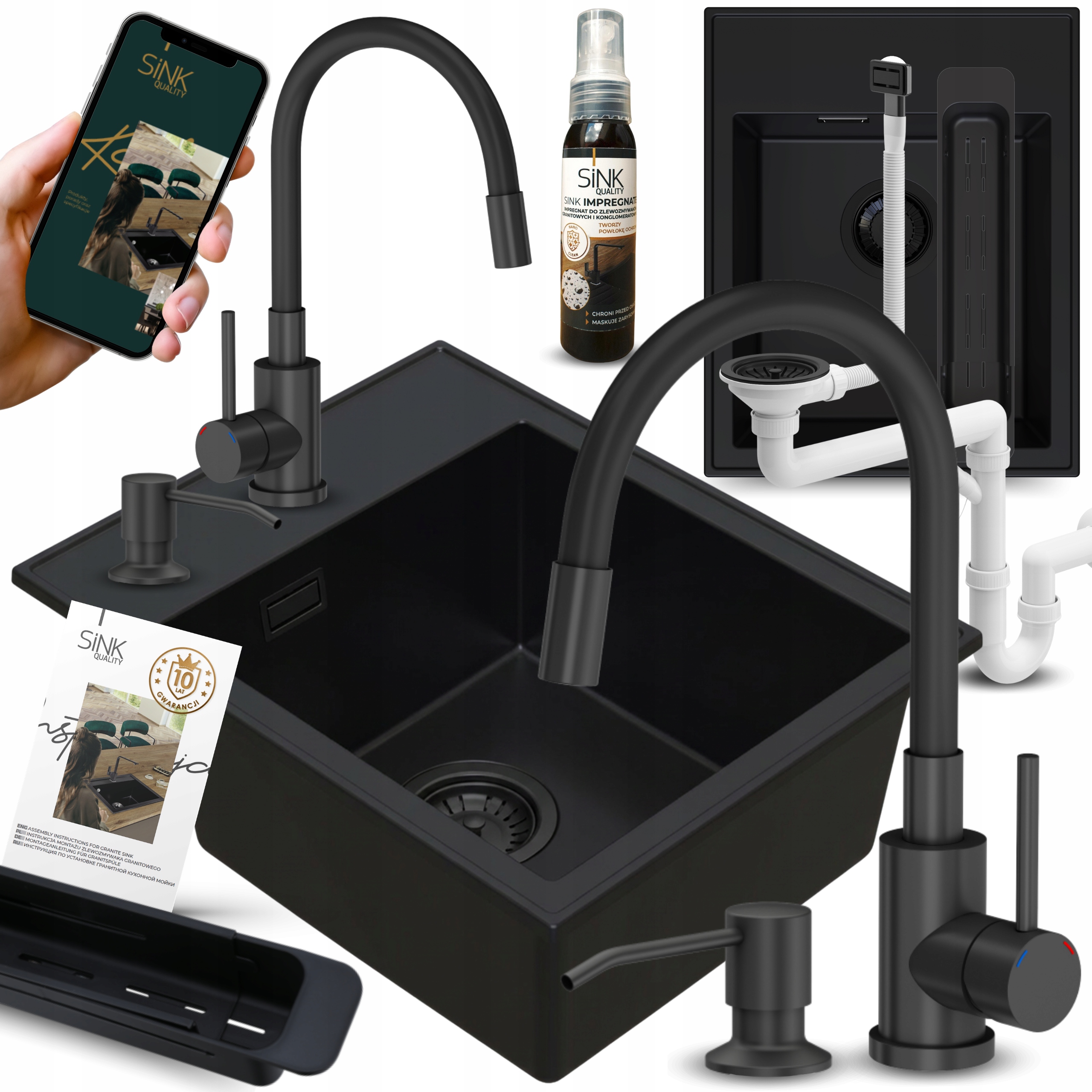 Granitový Dřez 50 Černý Matný Jednokomorový Baterie Dávkovač Na Tekuté Mýdlo