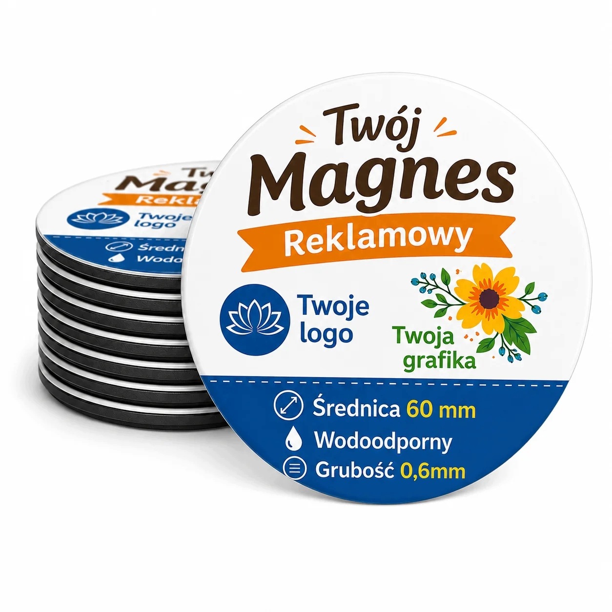 Magnes Reklamowy z Logo Grafiką Okrągły 60mm 24szt