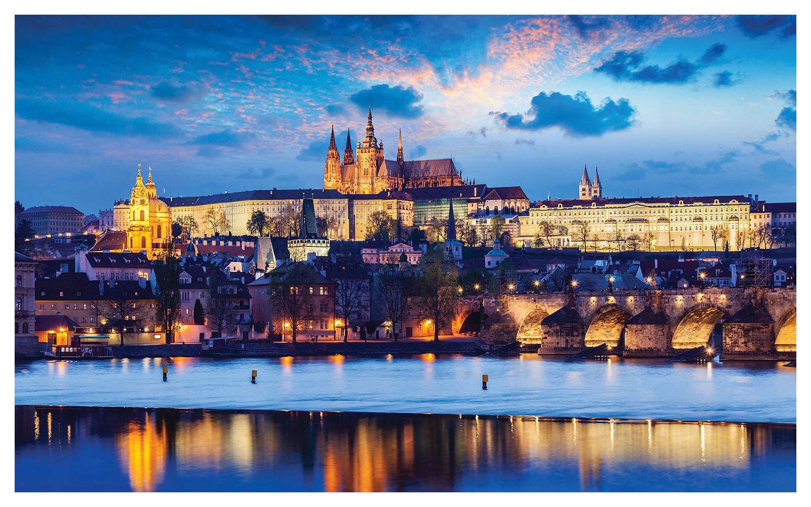 Fototapeta Praha Soumrak Karlova mostu a Vltavy v noci 200x140 lepidlo