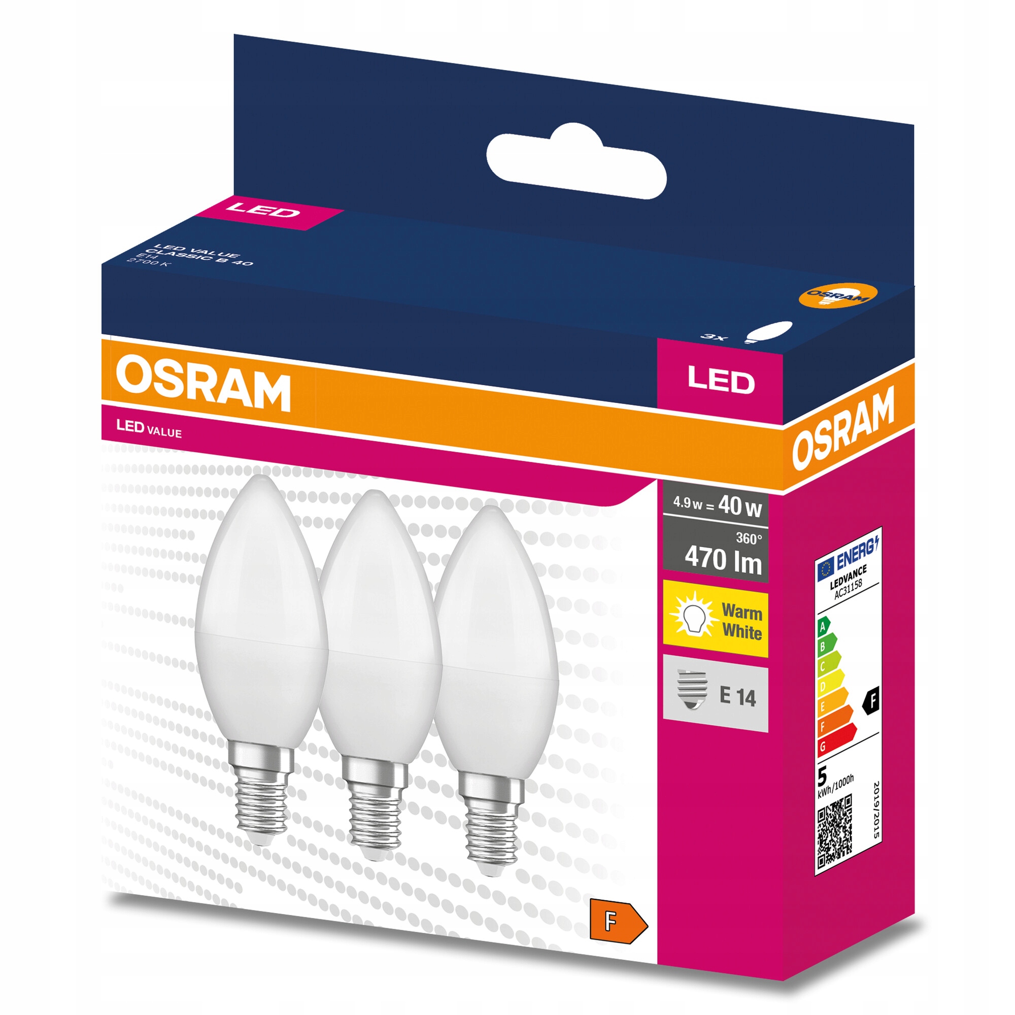 

3 x Osram świeczka Led Value 4.9W 40W 2700K E14
