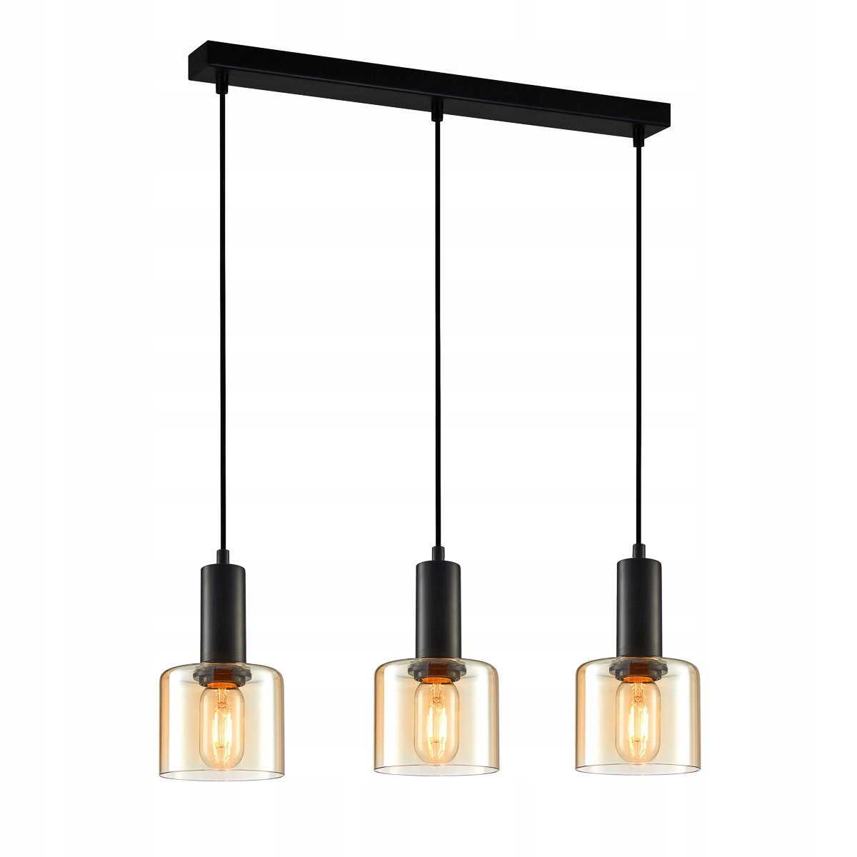 Trojitá čierna závesná lampa na lište s jantárovými tienidlami Santia