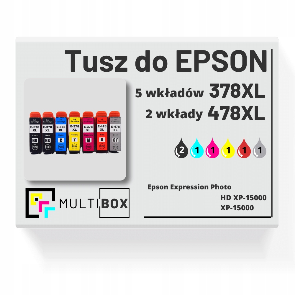 7-pak Nowy Tusz 378XL 478XL do Epson XP-15000 2xBlack+CMY+Red+Grey Zestaw