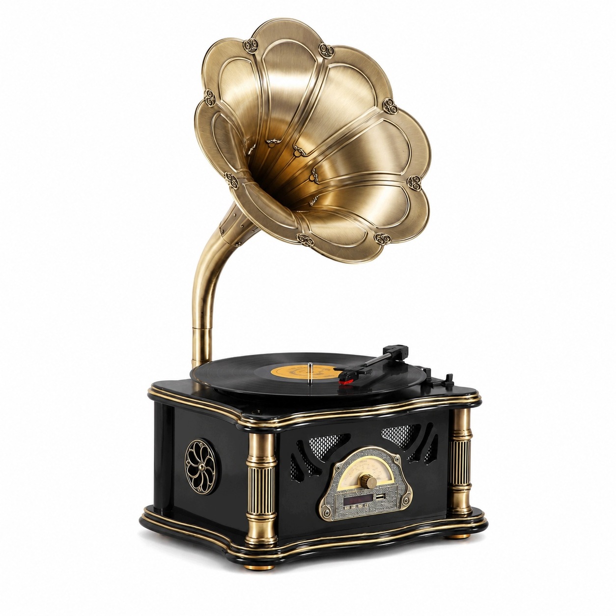 Vintage gramofon Rose Bella, trubkový reproduktor, dubové dřevo, černý