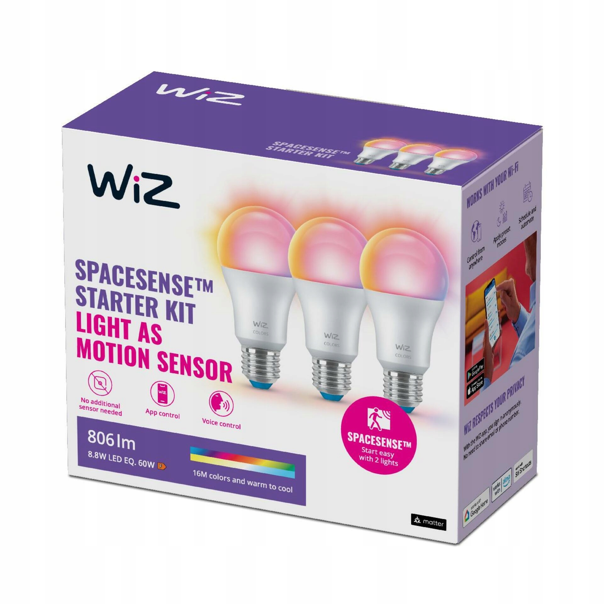 WiZ Set 3x Led žárovka E27 A60 8,8W 806lm 2200-6500K Rgb IP20, stmívatelná