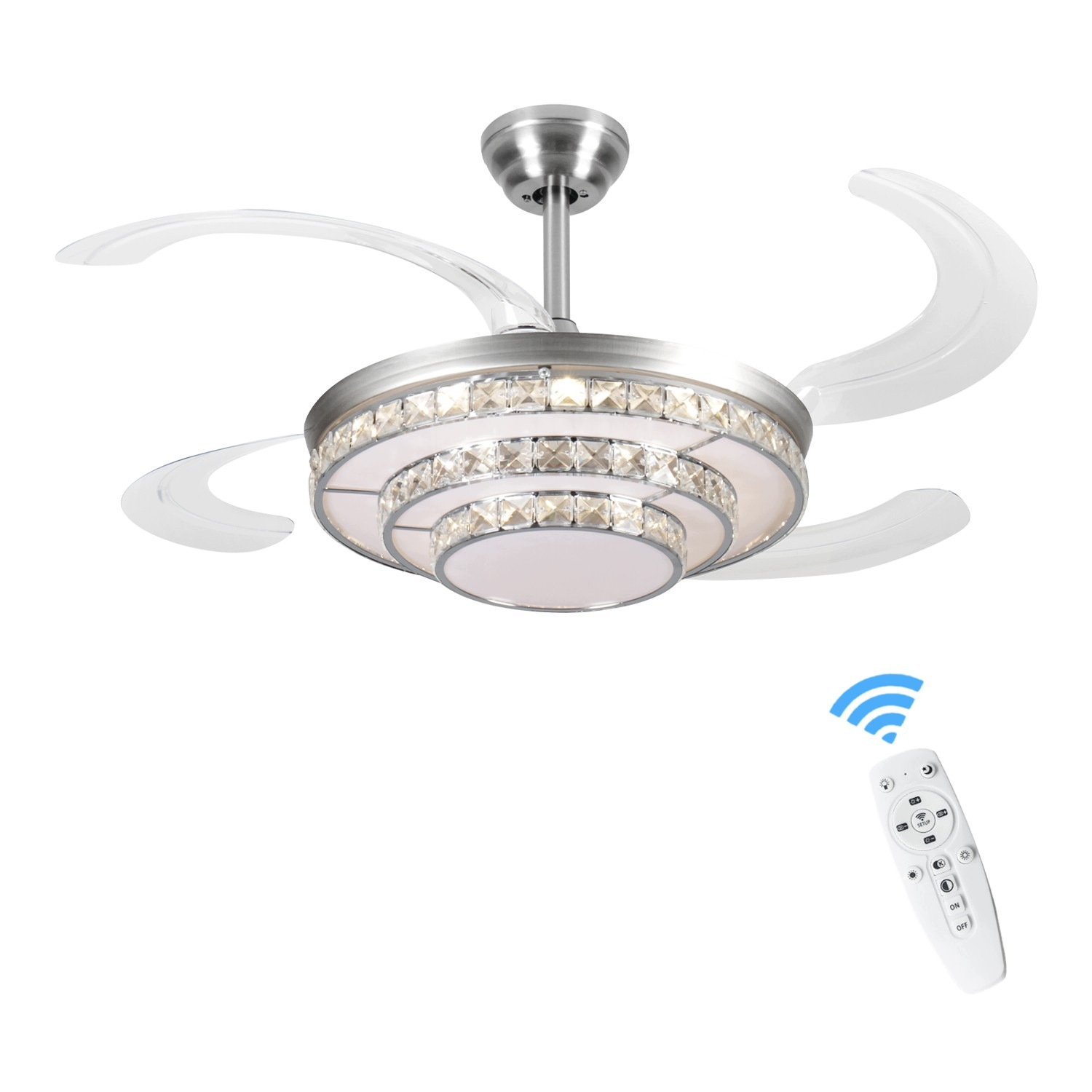 stropní svítidlo Led s ventilátorem – stříbrná s křišťálovými ozdobami