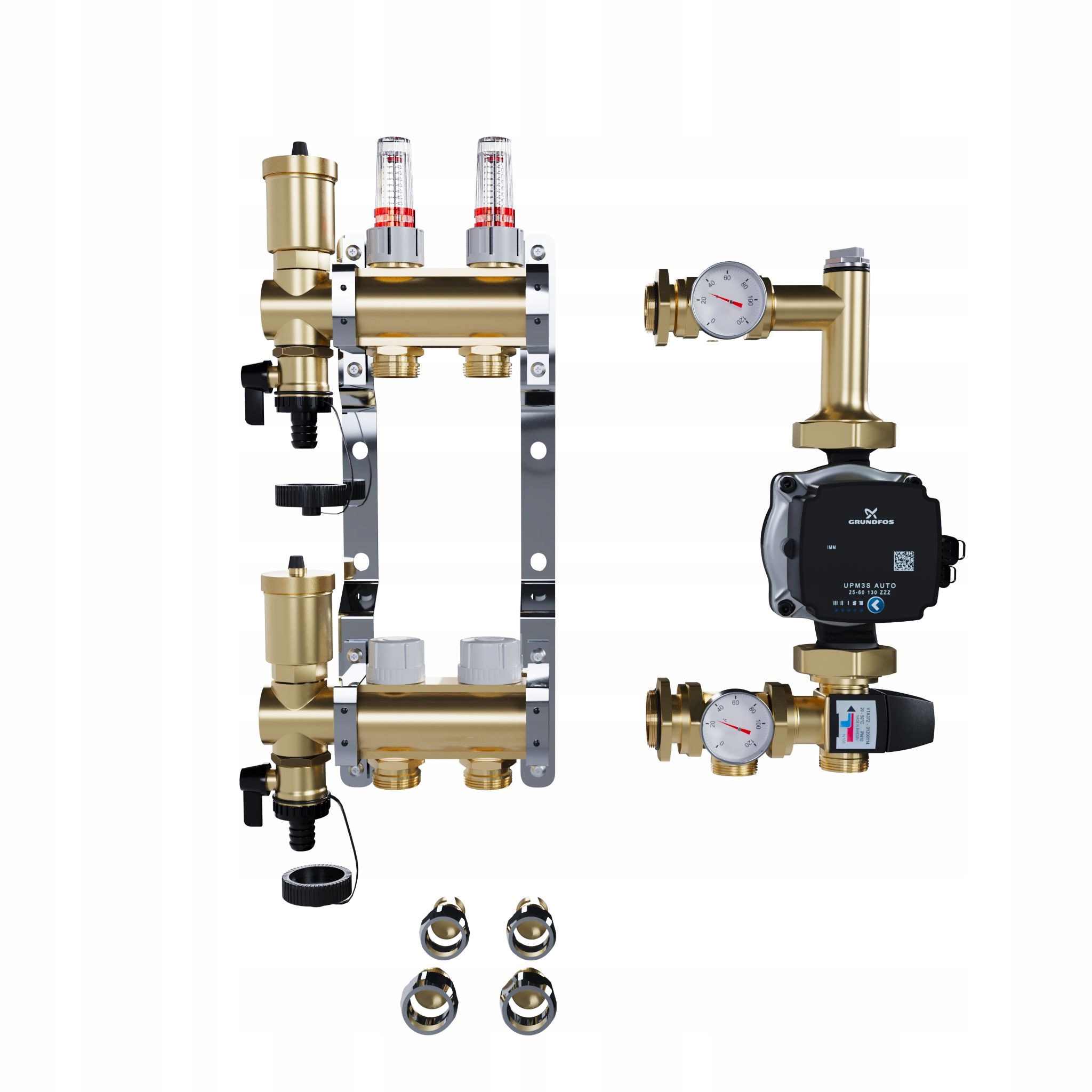 Rozdělovač pro podlahové vytápění 2 sekce Pex Spojky Čerpadlo Grundfos