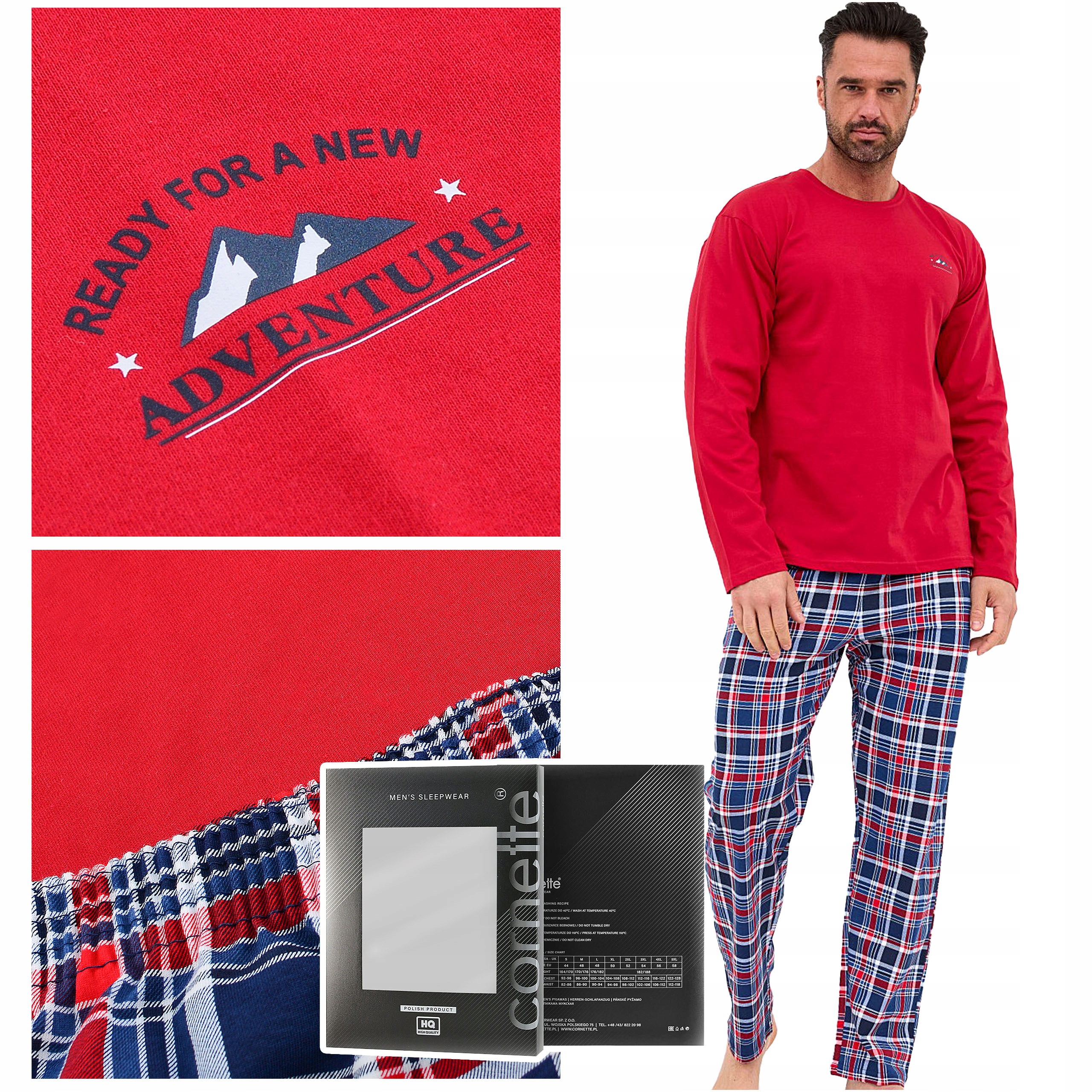 Cornette Pánské pyžamo s dlouhým rukávem, červená kostkovaná bavlna, Velikost XL