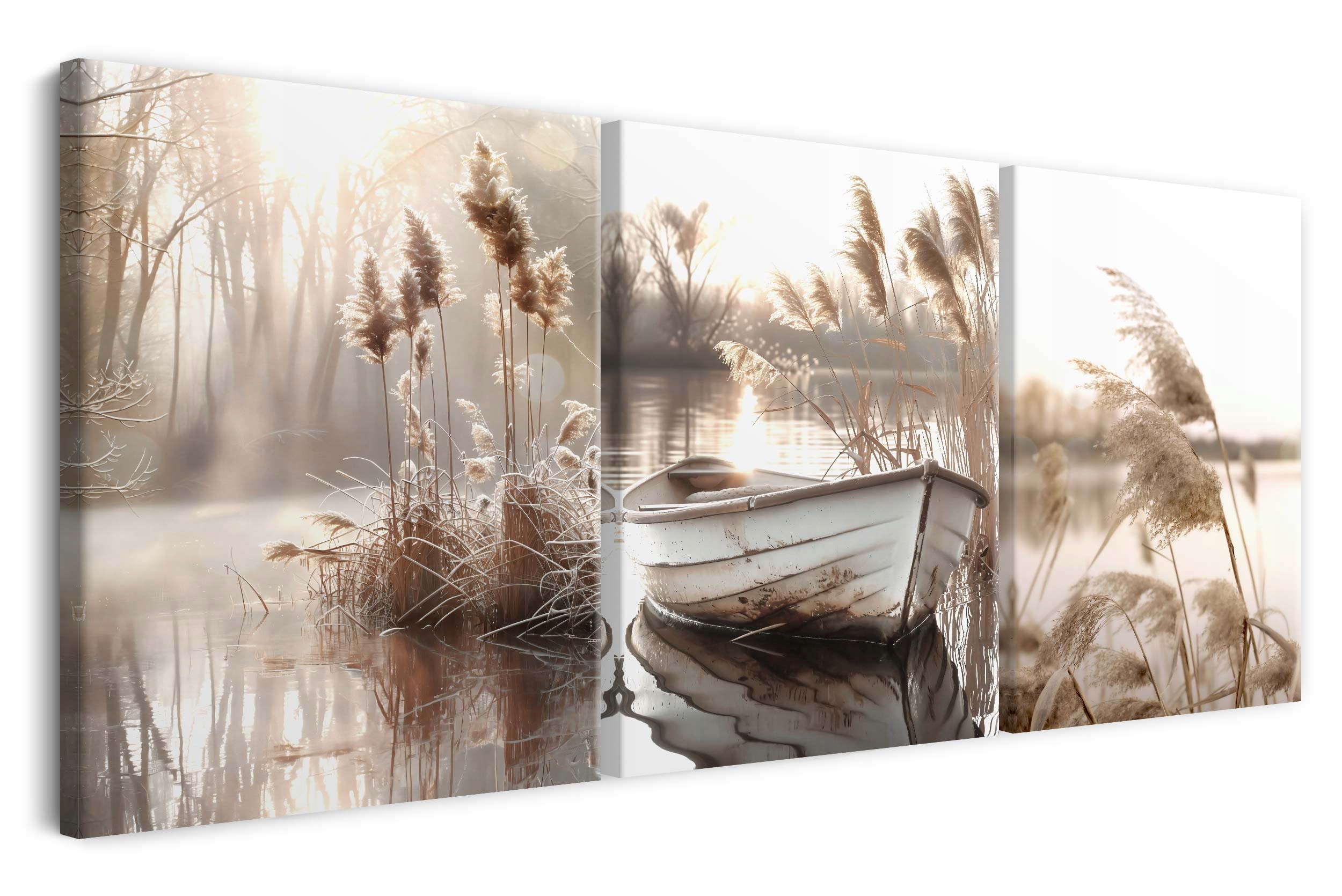 Obraz na płótnie tryptyk na ścianę do salonu łódka jezioro beżowe 60x120