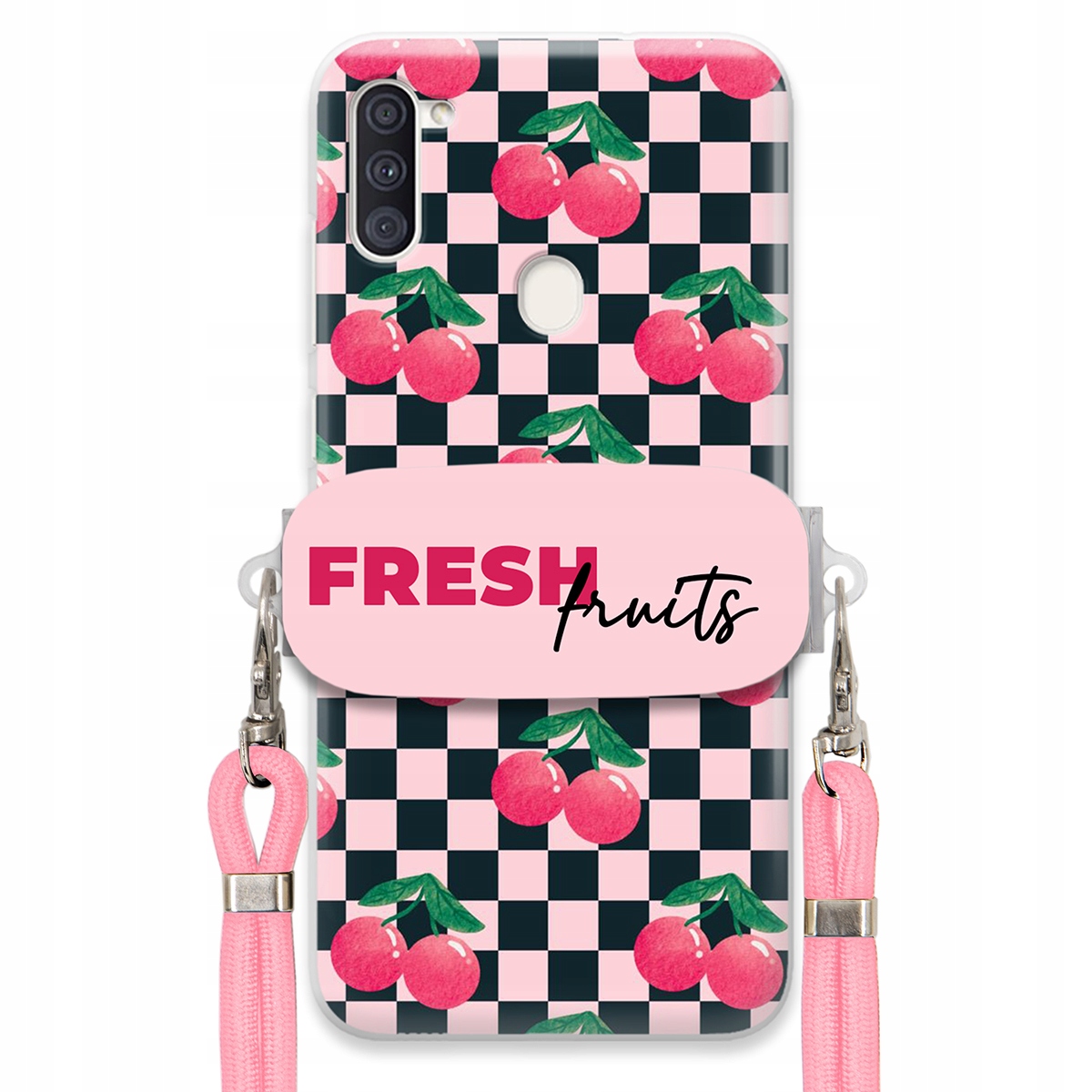 Puzdro pre Samsung M11 Vodítko Pink Crossbody Šachovnicový držiak Fresh Fruits