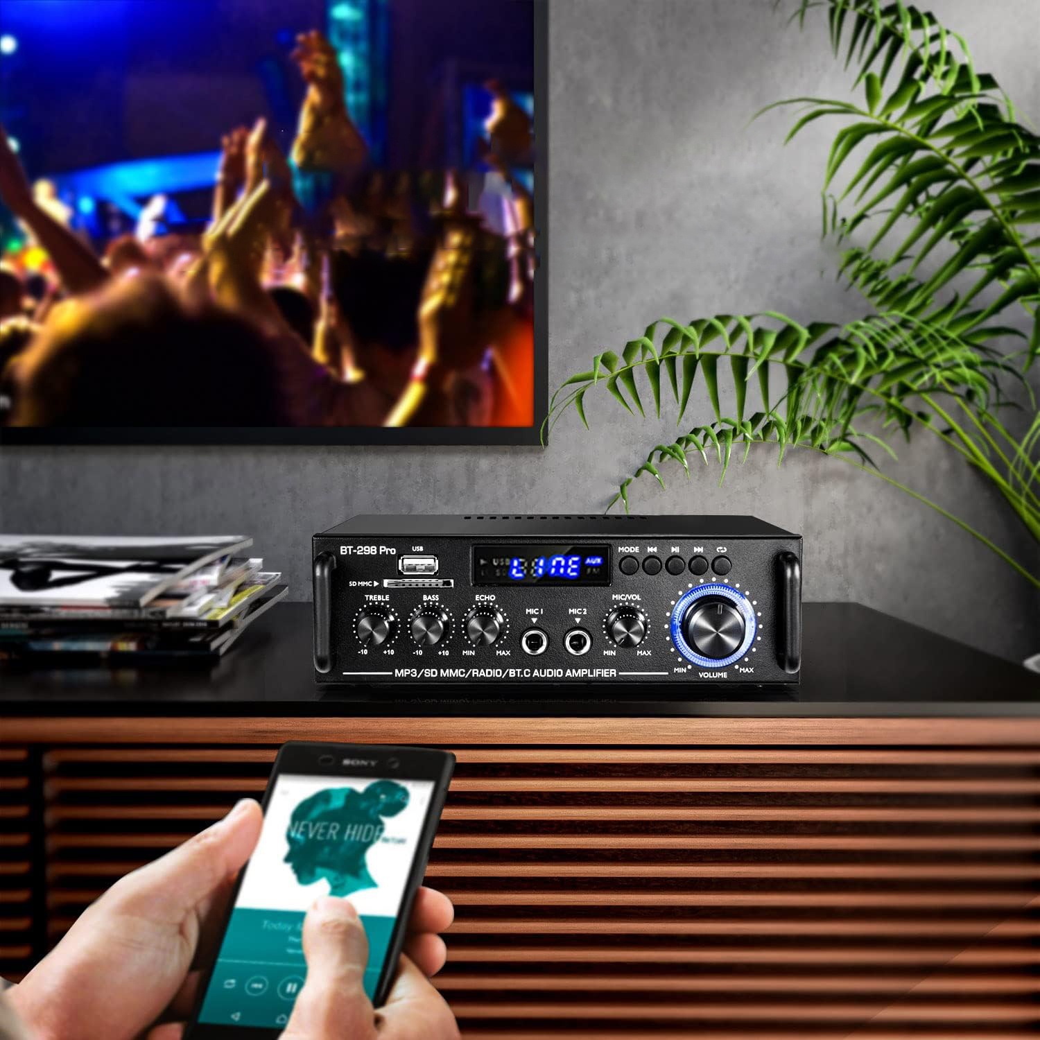 AMPLITUNER MINI WZMACNIACZ STEREO RADIO BT 5.0 2-KANAŁOWY BT-298Pro Kolor czarny